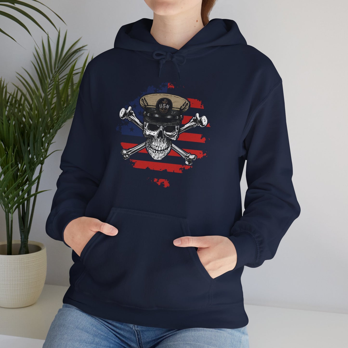 Navy Chief Skull & Crossbones on Distressed American Flag Unisex Heavy Blend™ Hooded Sweatshirt