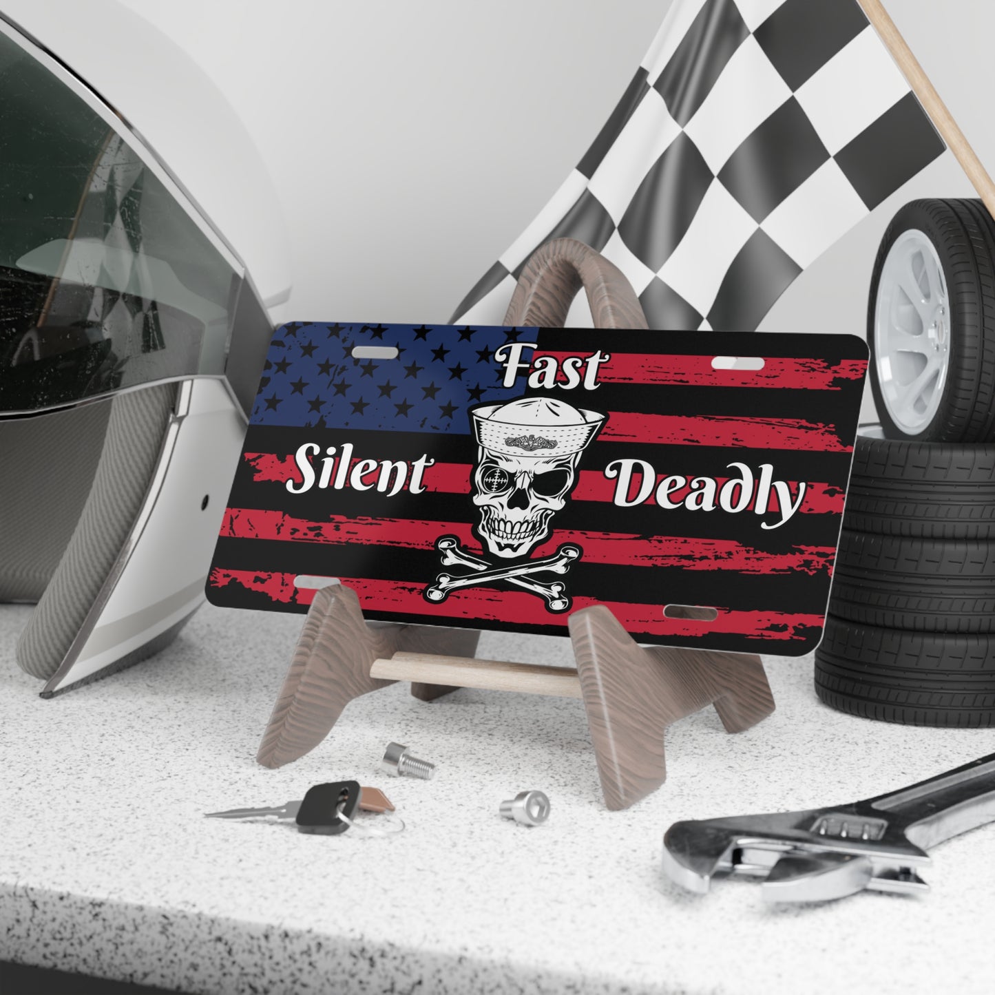 US Navy Silent Fast Deadly Skull & Crossbones on American Flag Vanity License Plate
