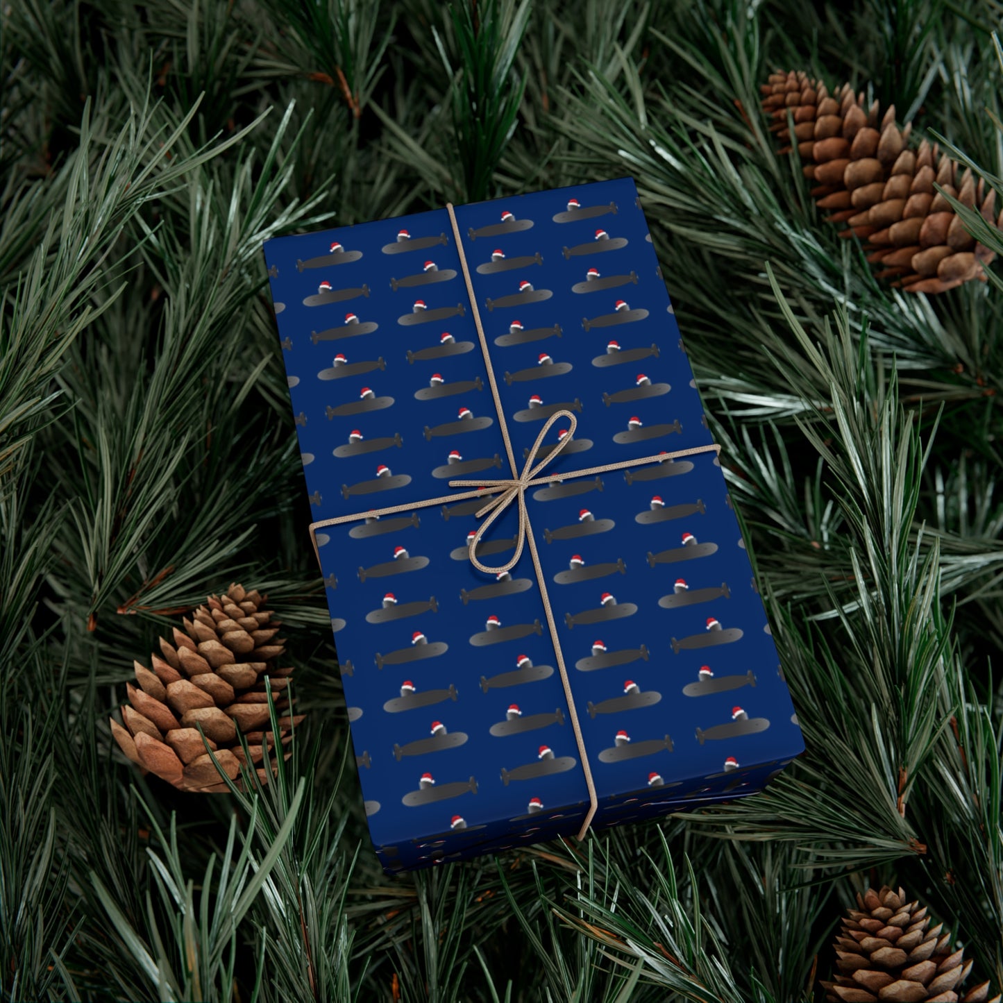United States Navy Submarine Force Santa Hat on Gray Mini Submarines Blue Gift Wrap Papers