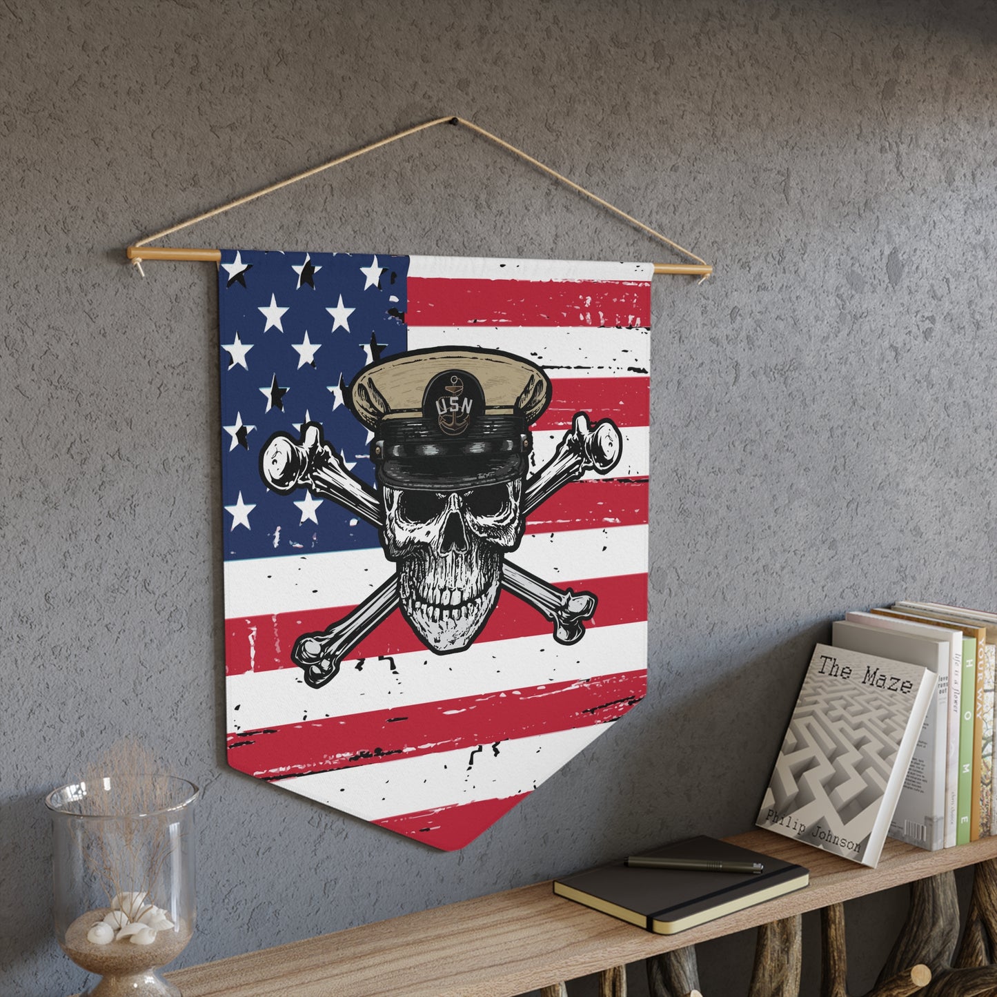 United States Navy Chief Petty Officer Skull & Crossbones on Distressed USA Flag Pennant