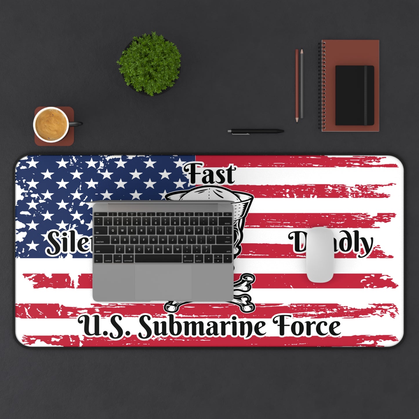 U.S. Submarine Force Silent Fast Deadly Skull and Crossbones Sailor with Distressed American Flag Desk Mat