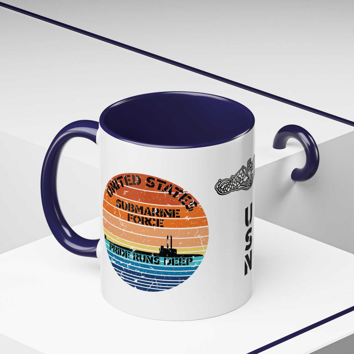Sunset United States Navy Submarine Force Pride Runs Deep Distressed Accent Coffee Mugs