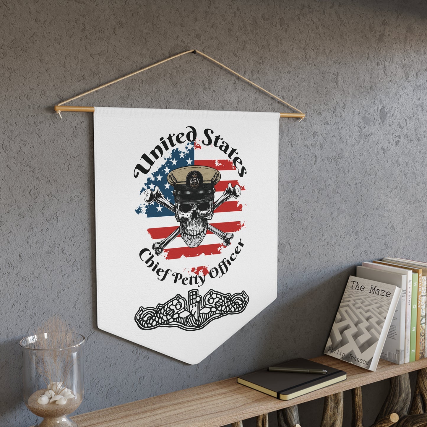 United States Navy Chief Petty Officer Skull & Crossbones on American Flag with Dolphins on White Pennant