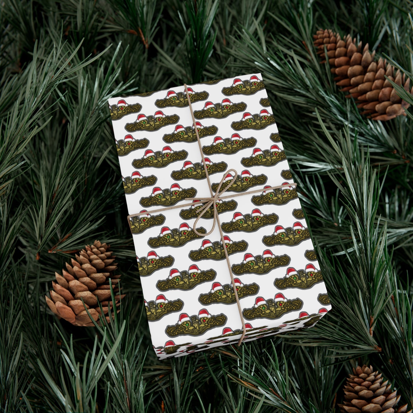United States Navy Submarine Force Gold Officer Dolphins Christmas Hats with Red and Green Eyes White Gift Wrap Papers