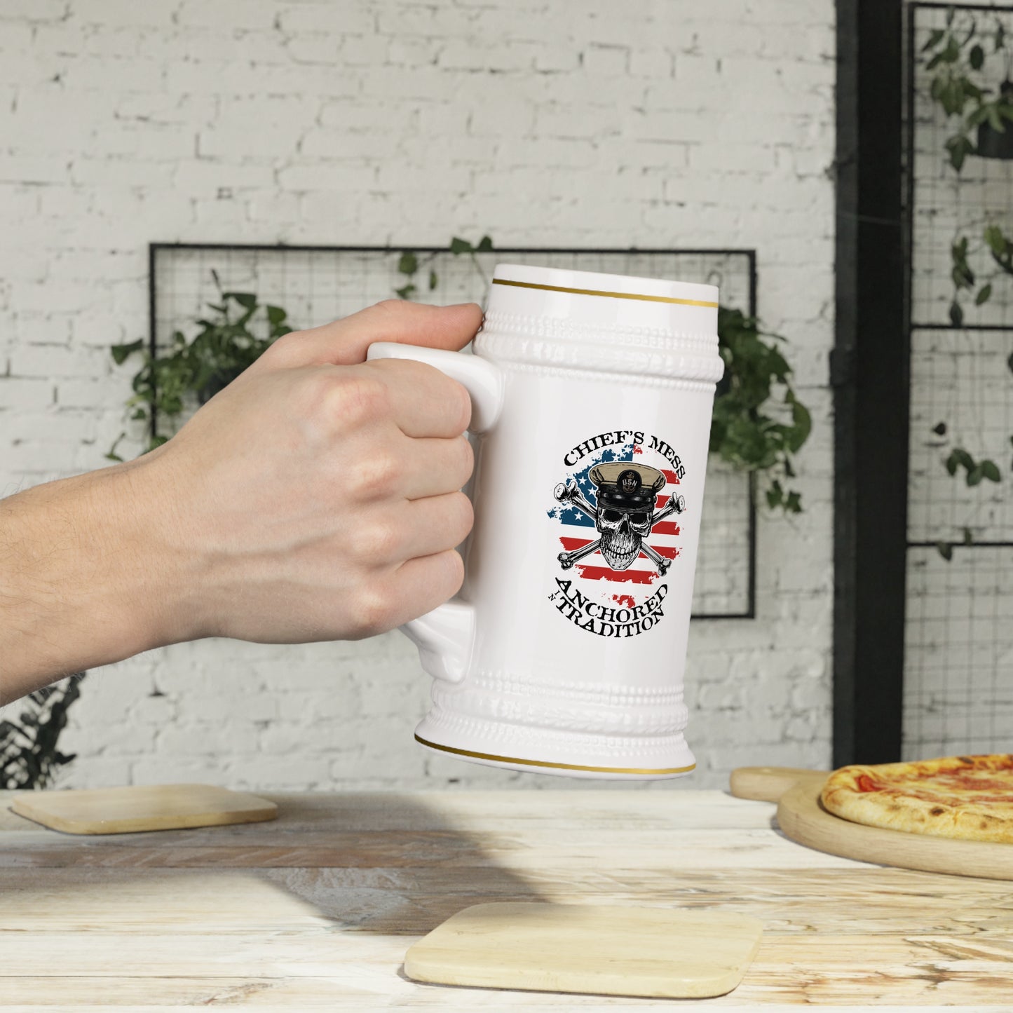 US Navy Chief's Mess Anchored Tradition CPO Skull Crossbones Sailor on Distressed USA Flag Stein Mug