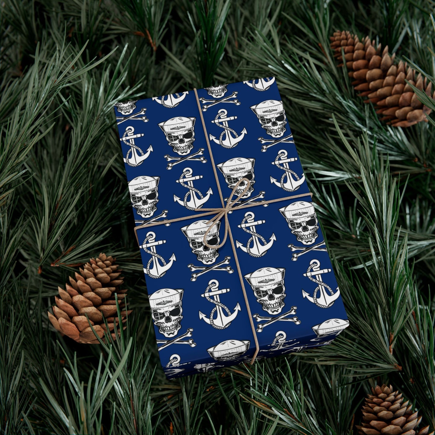 US Navy Submarine Force Sailor Skull Crossbones Wearing Dolphins with Anchors Blue Gift Wrap Papers