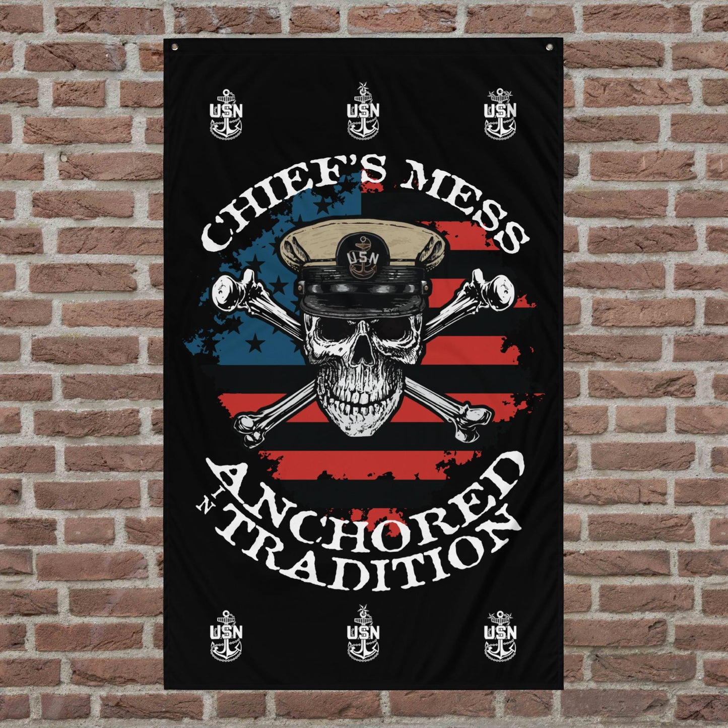 US Navy Chief's Mess Anchored Tradition CPO Skull Crossbones Sailor Distressed USA Flag Mk2 on Black Flag