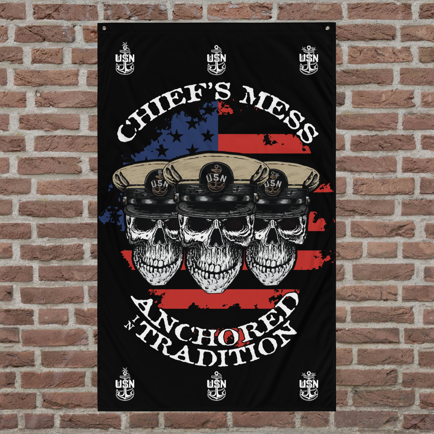 US Navy Chief's Mess Anchored Tradition CPO Skulls Crossbones Sailor Distressed USA Flag Mk2 on Black Flag