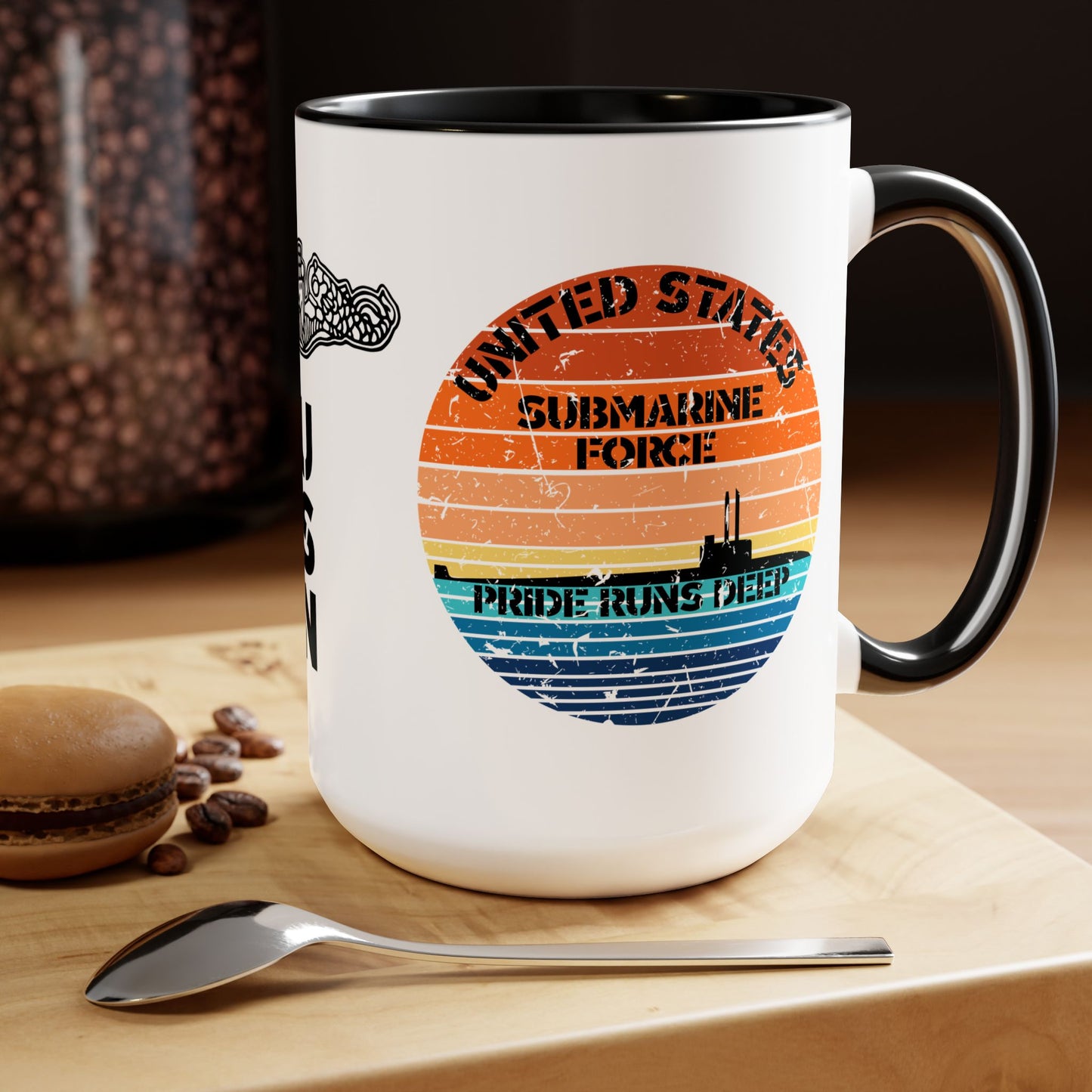 Sunset United States Navy Submarine Force Pride Runs Deep Distressed Accent Coffee Mugs