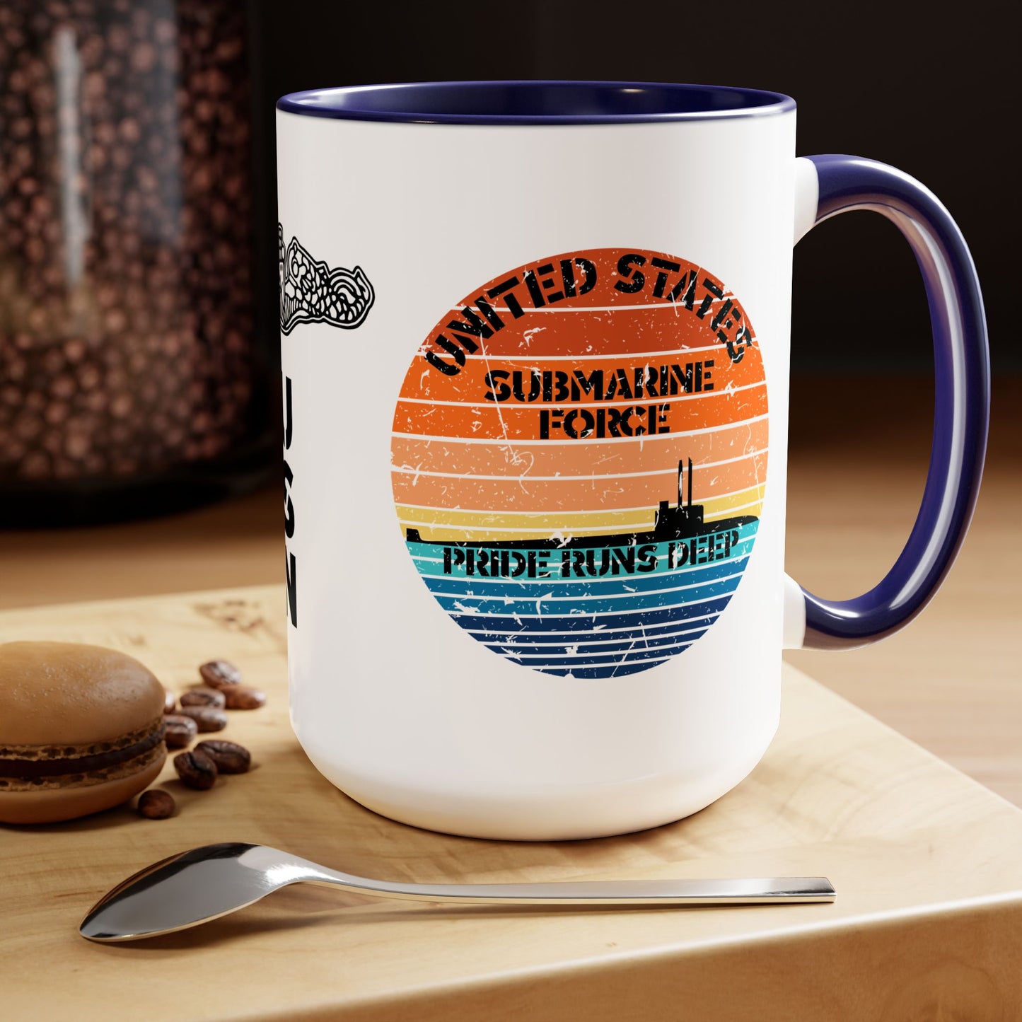 Sunset United States Navy Submarine Force Pride Runs Deep Distressed Accent Coffee Mugs