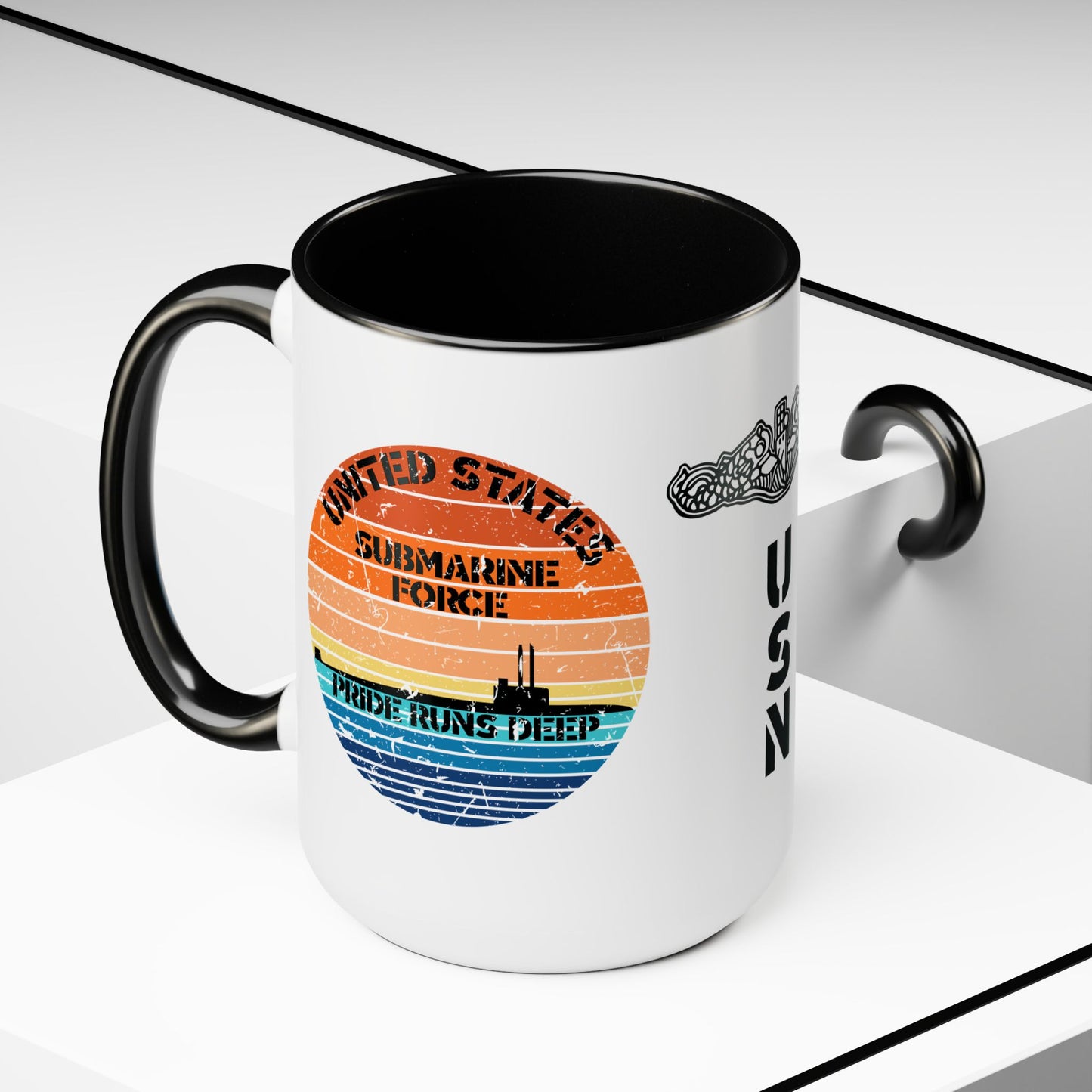 Sunset United States Navy Submarine Force Pride Runs Deep Distressed Accent Coffee Mugs