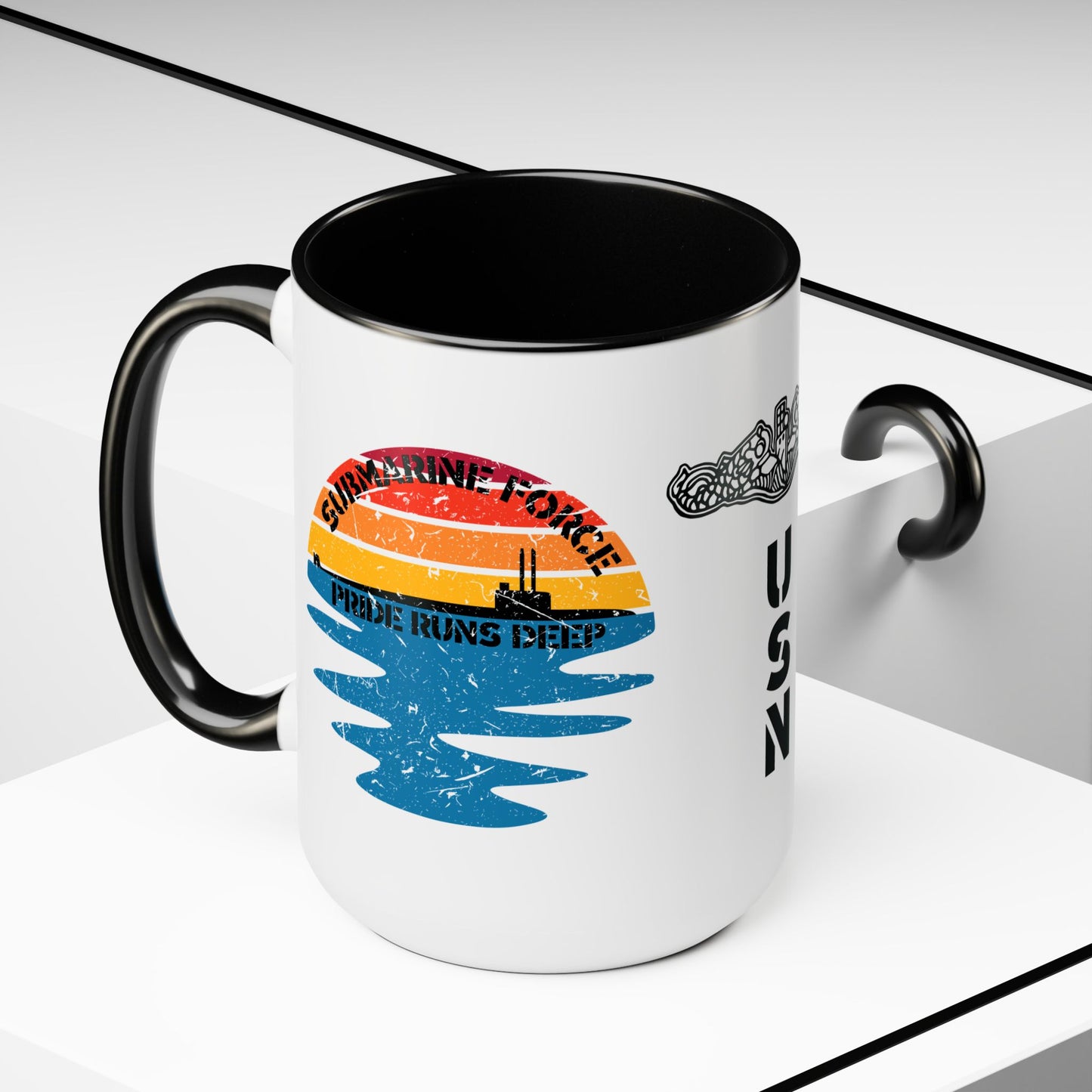 Sunrise United States Navy Submarine Force Pride Runs Deep Distressed Accent Coffee Mugs