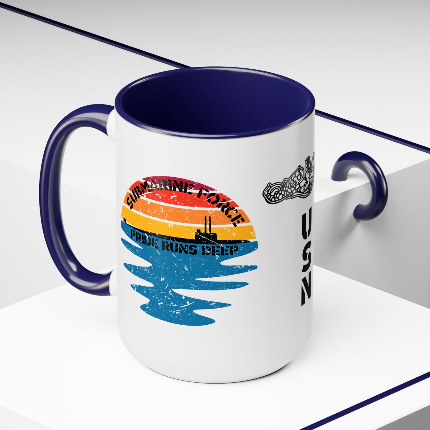 Sunrise United States Navy Submarine Force Pride Runs Deep Distressed Accent Coffee Mugs