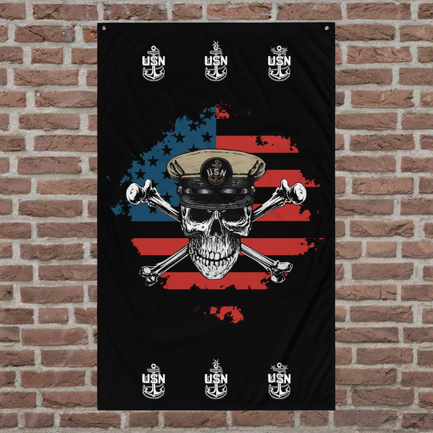 US Navy Chief Skull & Crossbones on American Flag Mk2 Black Flag