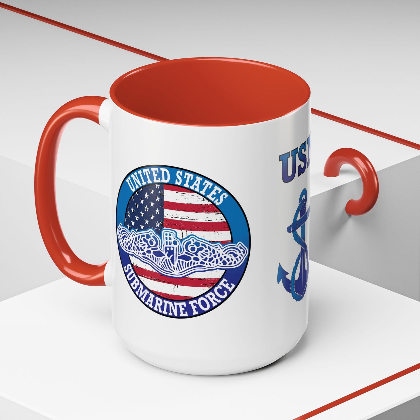 United States Navy Submarine Force Silent Service White Dolphins on American Flag Accent Coffee Mugs