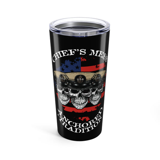 Chief's Mess Anchored Tradition CPO Sailor Skull's with Distressed USA Flag Stainless Steel Tumbler 20oz