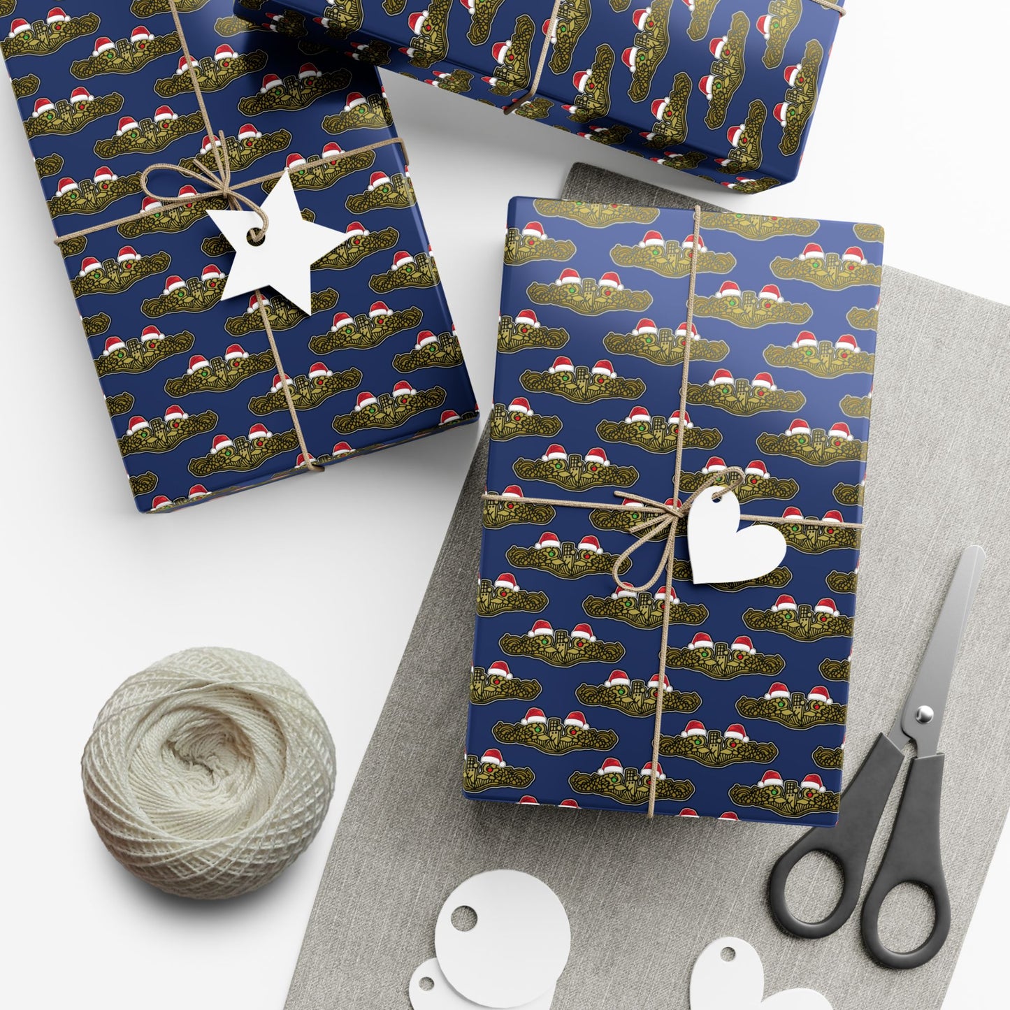United States Navy Submarine Force Gold Officer Dolphins Christmas Hats with Red and Green Eyes Blue Gift Wrap Papers