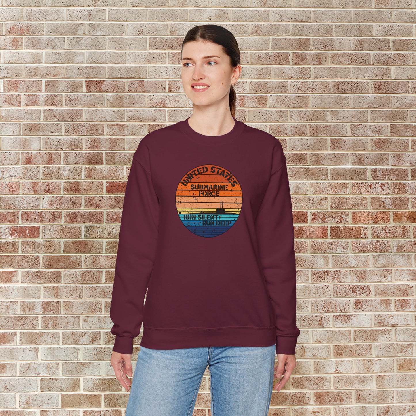 Sunset United States Navy Submarine Force Run Silent Deep Distressed Vintage Unisex Heavy Blend™ Crewneck Sweatshirt