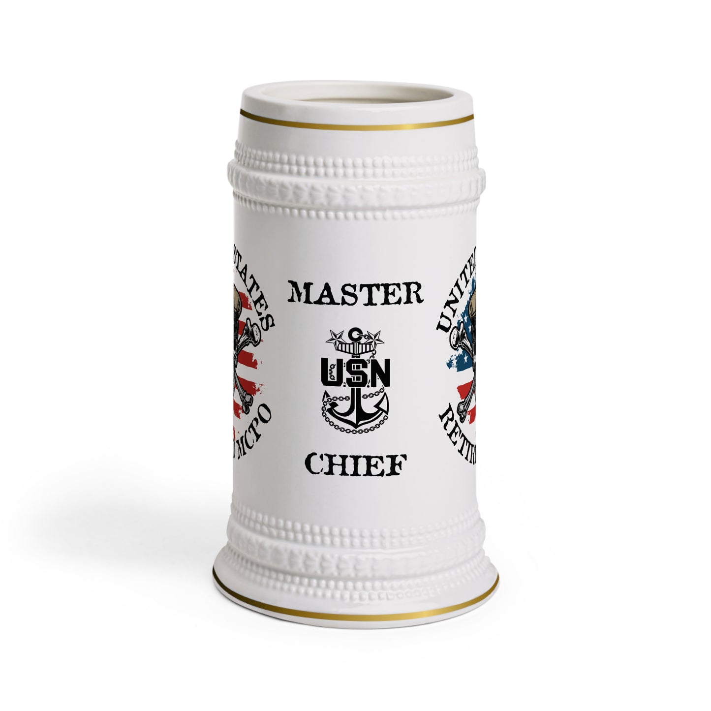 US Retired Master Chief Petty Officer Skull Crossbones with Distressed American Flag Stein Mug