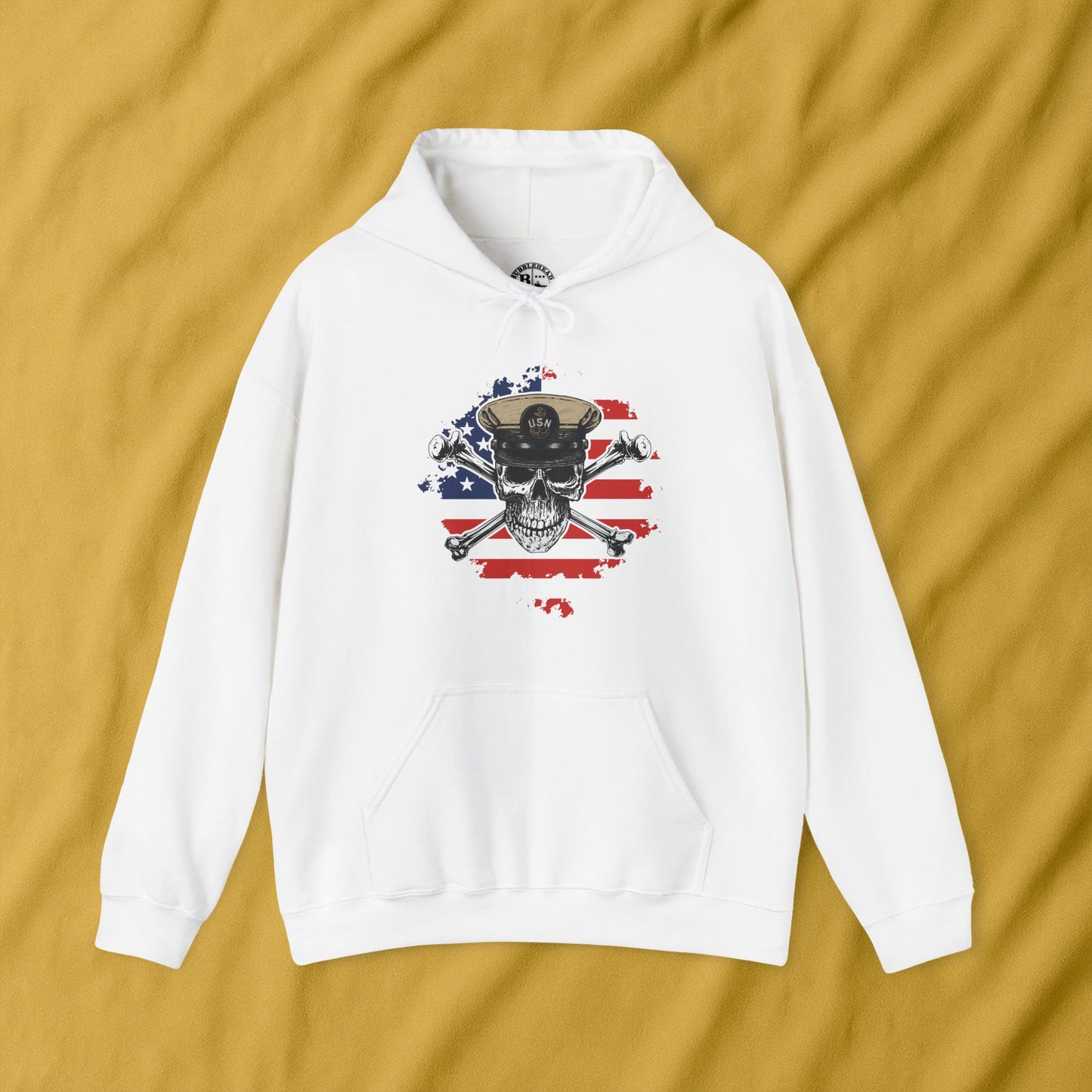 Navy Chief Skull & Crossbones on Distressed American Flag Unisex Heavy Blend™ Hooded Sweatshirt
