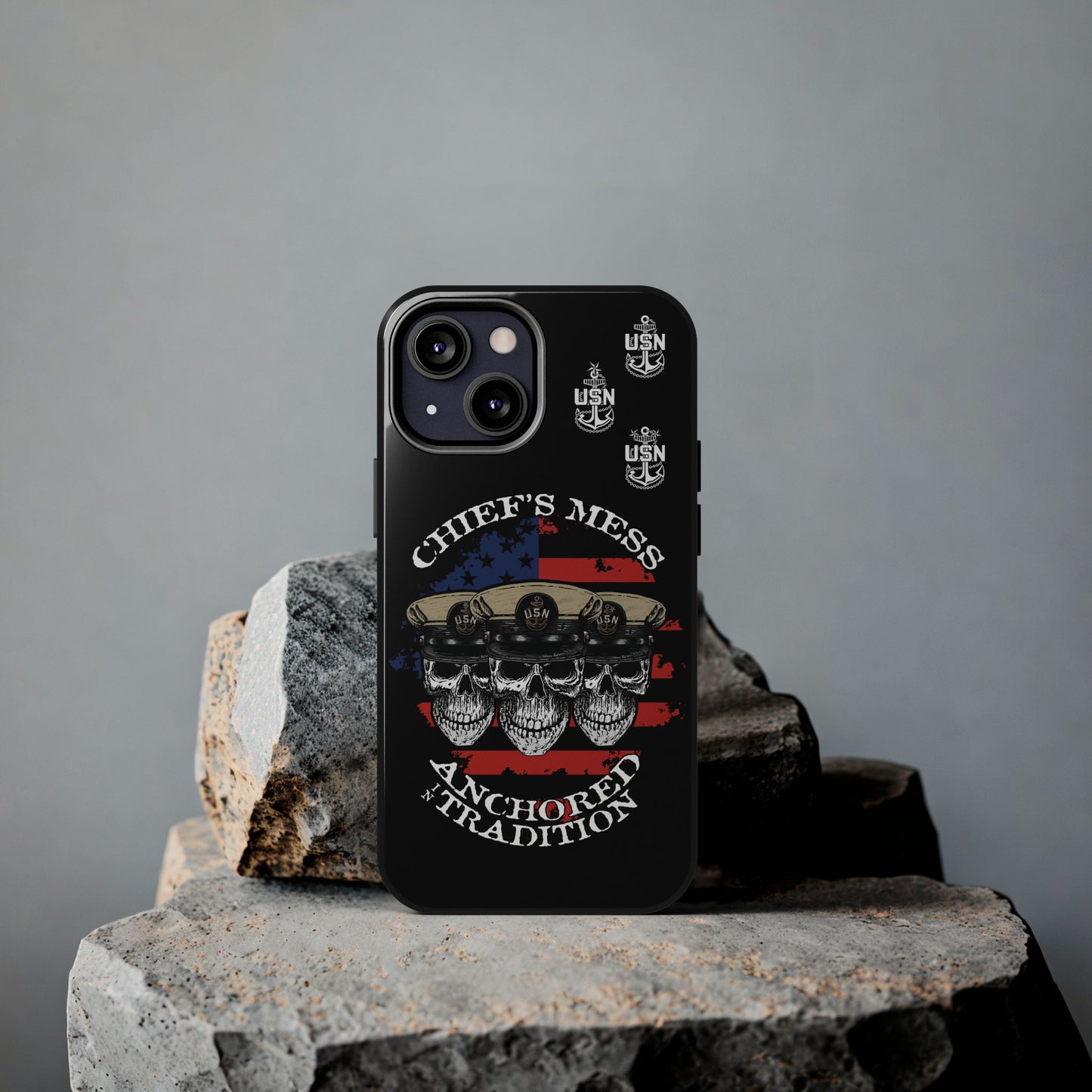 Chief's Mess Anchored Tradition CPO Sailor Skulls on Distressed USA Flag Black Tough iPhone Case