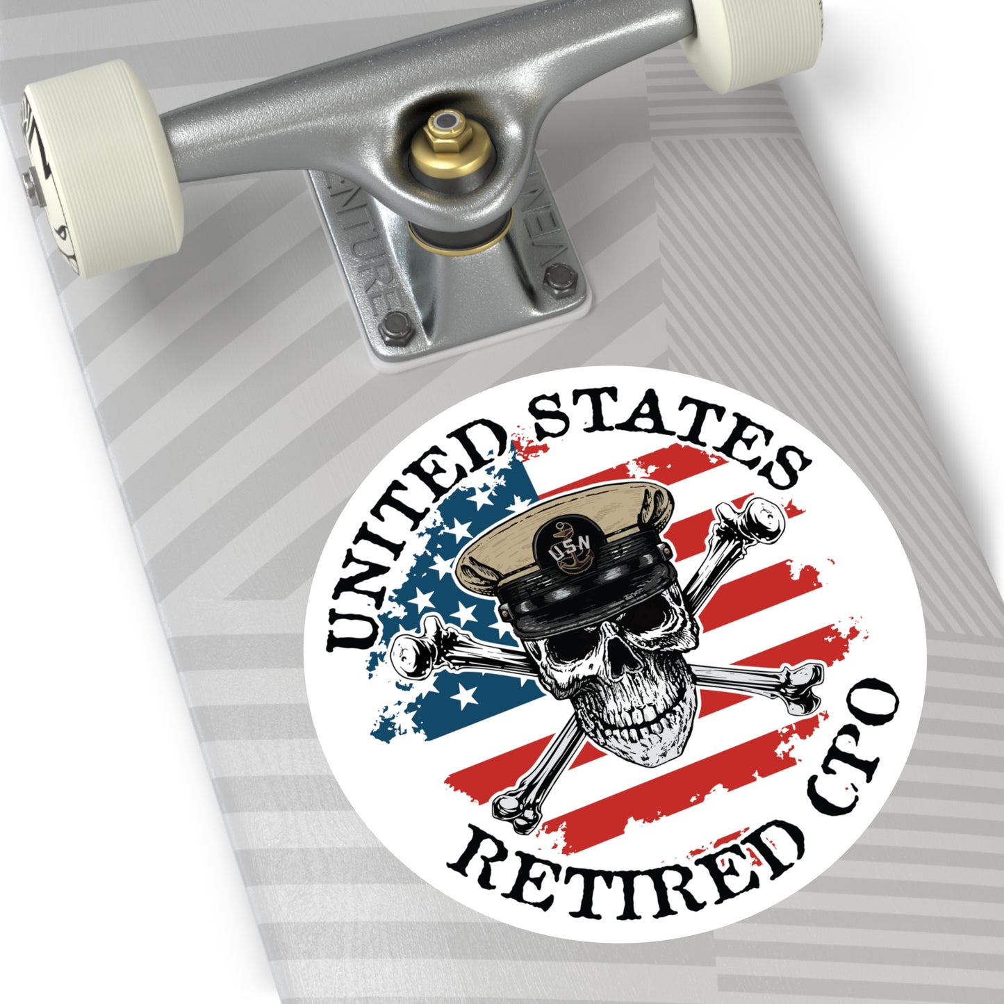 United States Retired CPO Skull Crossbones Chief Petty Officer with Distressed American Flag Round Sticker