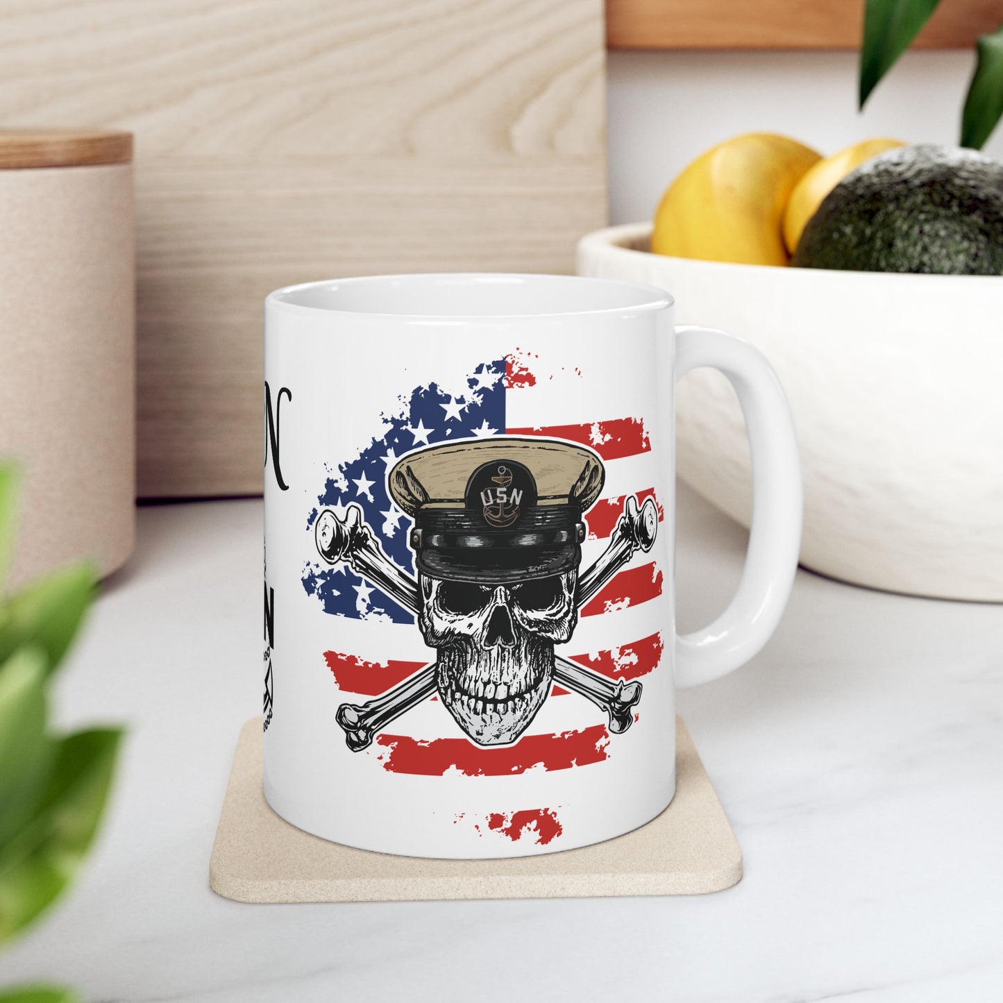 United States Navy Chief Skull & Crossbones CPO Anchor with American Flag White Glossy Mugs