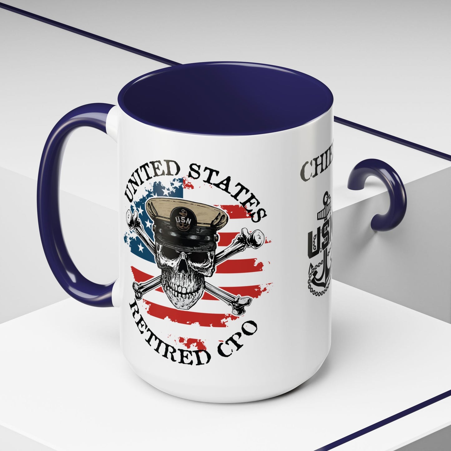 United States Navy Retired CPO Skull Crossbones Chief Petty Officer Anchor with Distressed USA Flag Accent Coffee Mugs