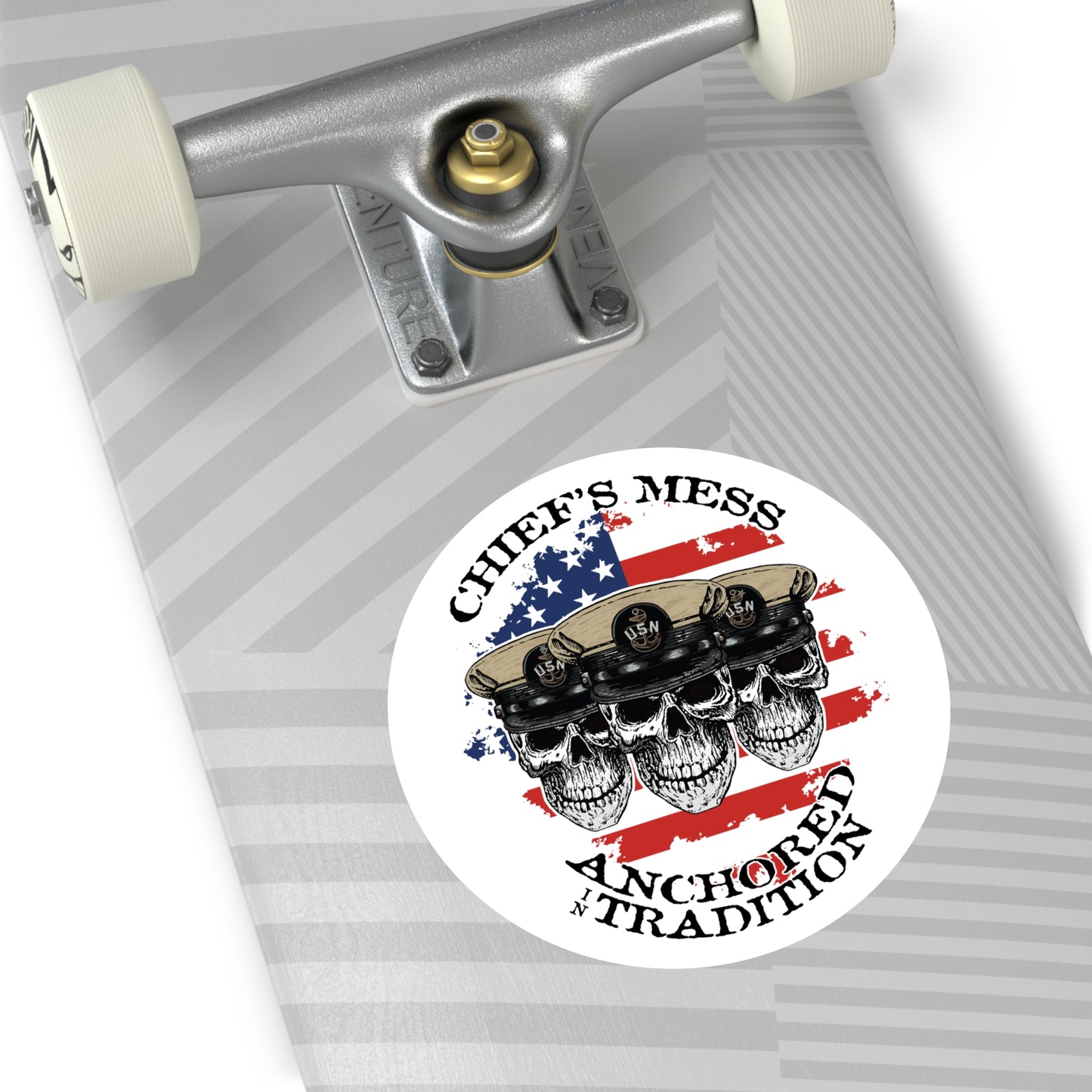 Chief's Mess Anchored Tradition CPO Sailor Skulls on Distressed USA Flag Round Stickers