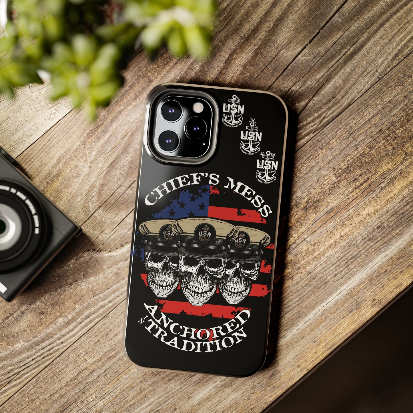 Chief's Mess Anchored Tradition CPO Sailor Skulls on Distressed USA Flag Black Tough iPhone Case