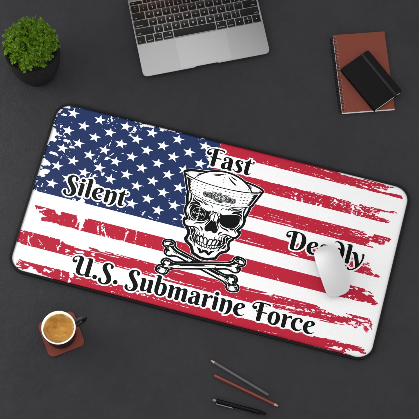 U.S. Submarine Force Silent Fast Deadly Skull and Crossbones Sailor with Distressed American Flag Desk Mat