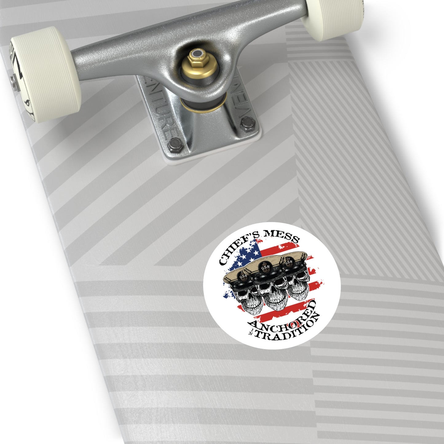 Chief's Mess Anchored Tradition CPO Sailor Skulls on Distressed USA Flag Round Stickers