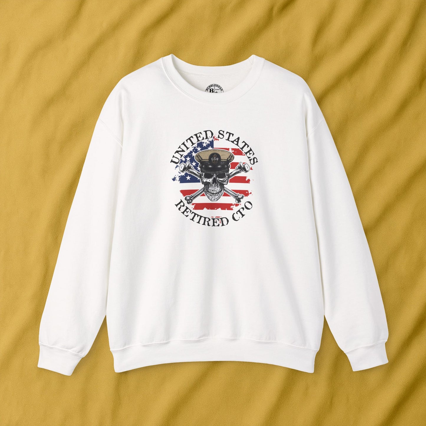 United States Retired CPO Skull Crossbones Chief Sailor on Distressed American Unisex Heavy Blend™ Crewneck Sweatshirt