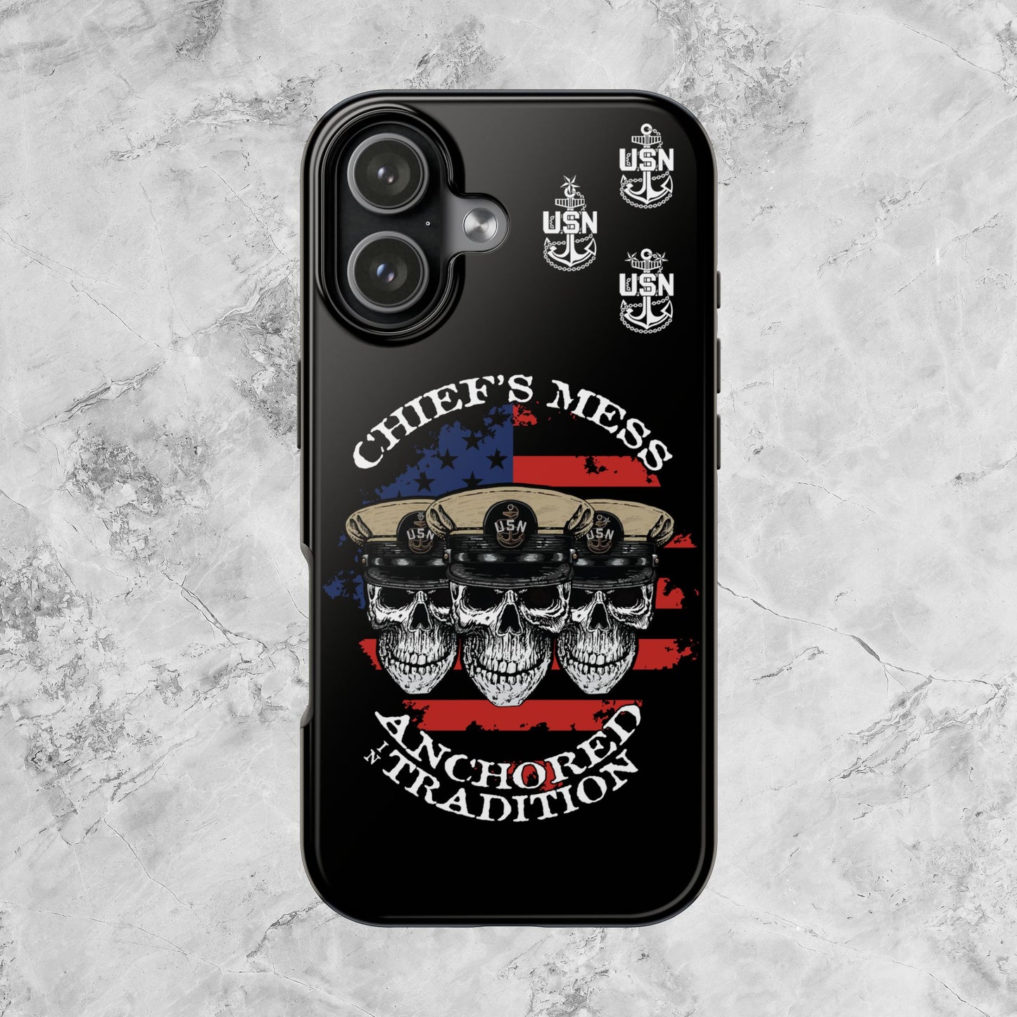 Chief's Mess Anchored Tradition CPO Sailor Skulls on Distressed USA Flag Black Tough iPhone Case