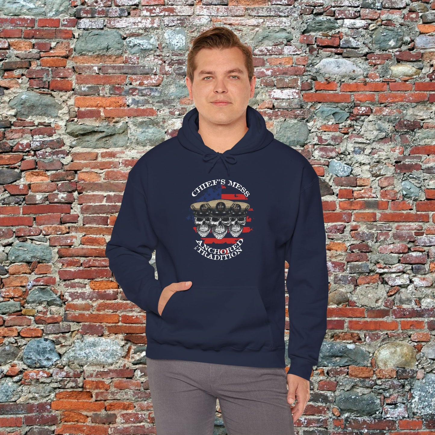 Chief's Mess Anchored Tradition CPO Sailor Skulls on Distressed USA Flag Unisex Heavy Blend™ Hooded Sweatshirt