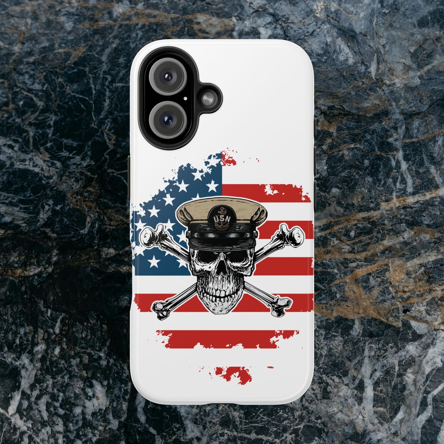 Naval Chief Skull & Crossbones on American Flag White Tough iPhone Case