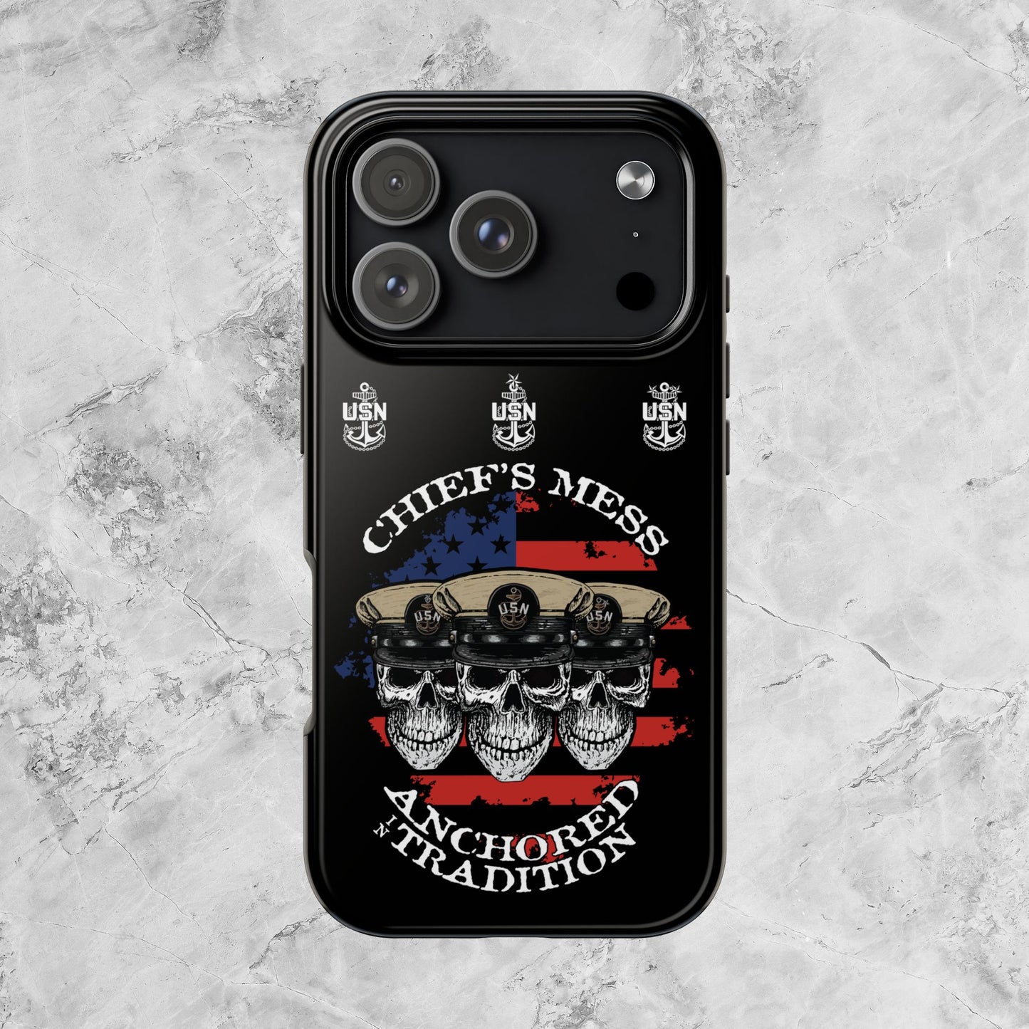 Chief's Mess Anchored Tradition CPO Sailor Skulls on Distressed USA Flag Black Tough iPhone Case
