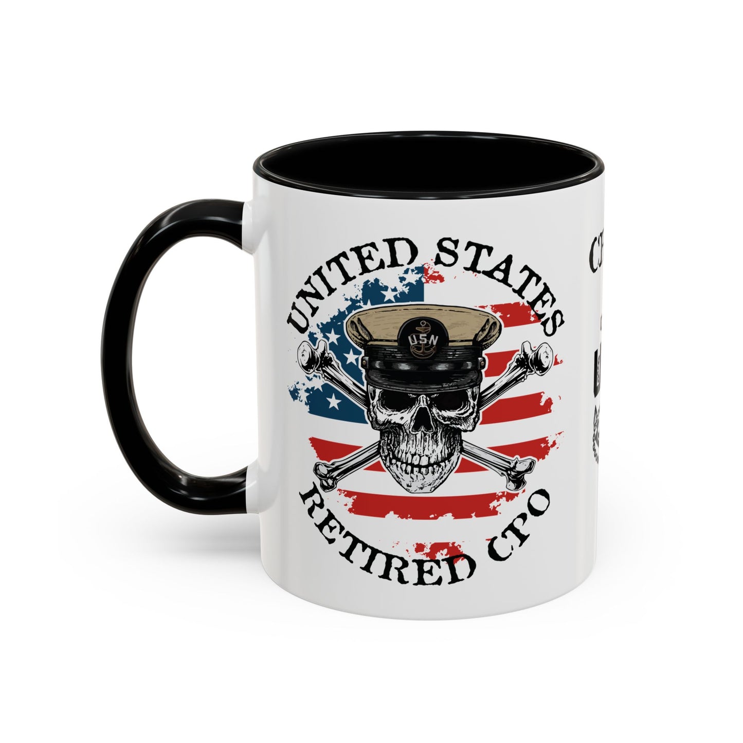 United States Navy Retired CPO Skull Crossbones Chief Petty Officer Anchor with Distressed USA Flag Accent Coffee Mugs