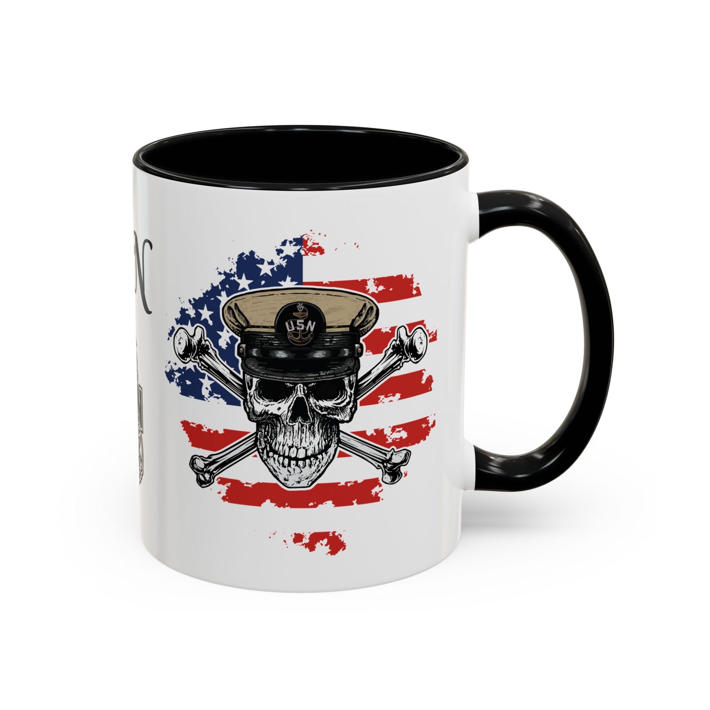 US Navy Senior Chief Skull & Crossbones on American Flag SCPO Anchor Accent Coffee Mugs