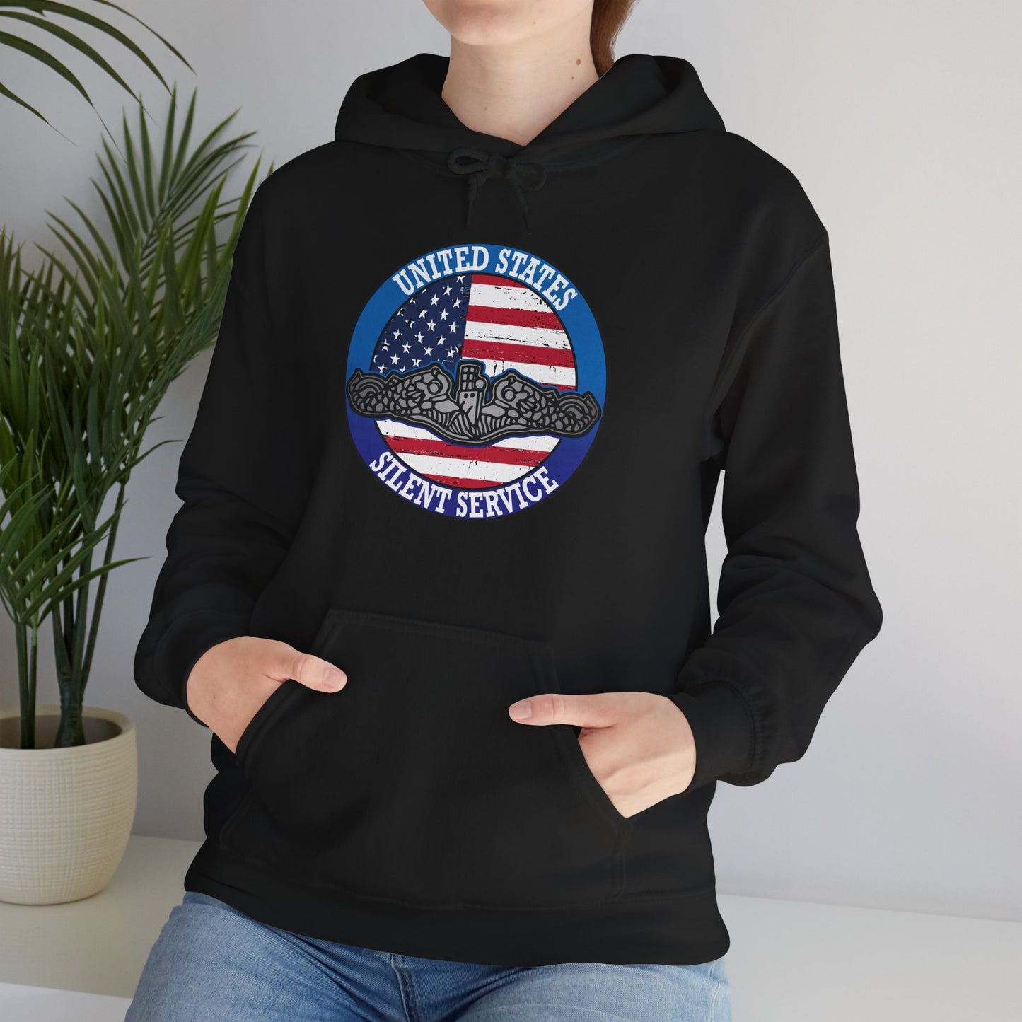 United States Silent Service Submarine Dolphins on Distressed American Flag Unisex Heavy Blend™ Hooded Sweatshirt