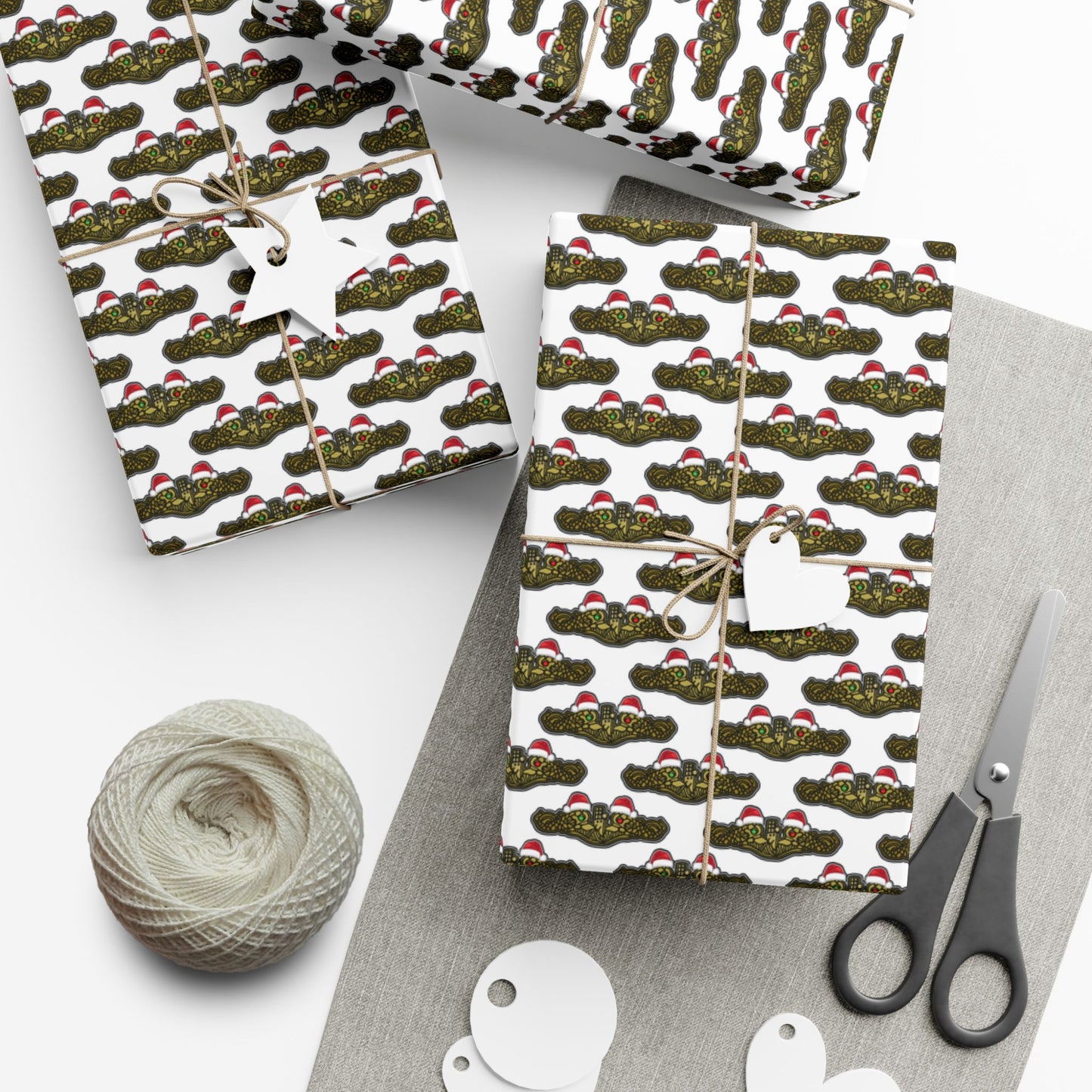 United States Navy Submarine Force Gold Officer Dolphins Christmas Hats with Red and Green Eyes White Gift Wrap Papers