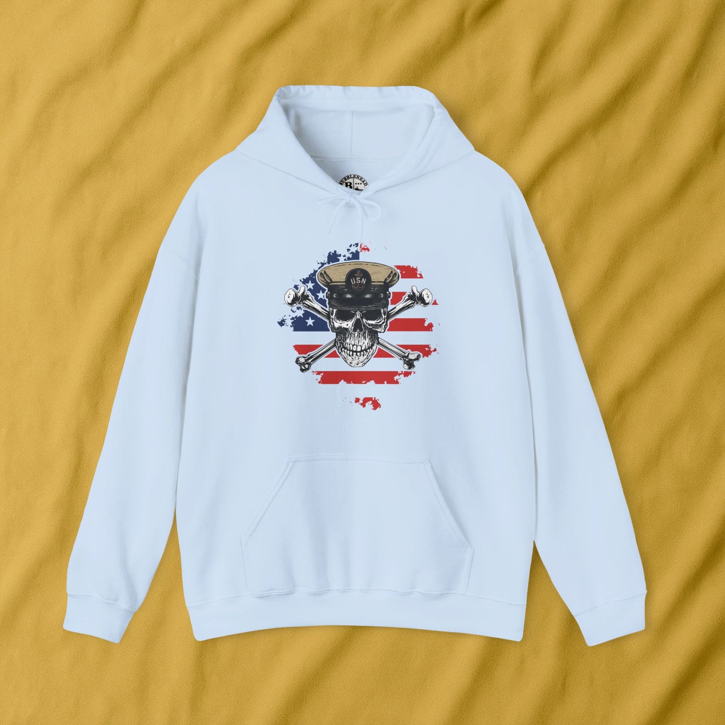 Navy Chief Skull & Crossbones on Distressed American Flag Unisex Heavy Blend™ Hooded Sweatshirt