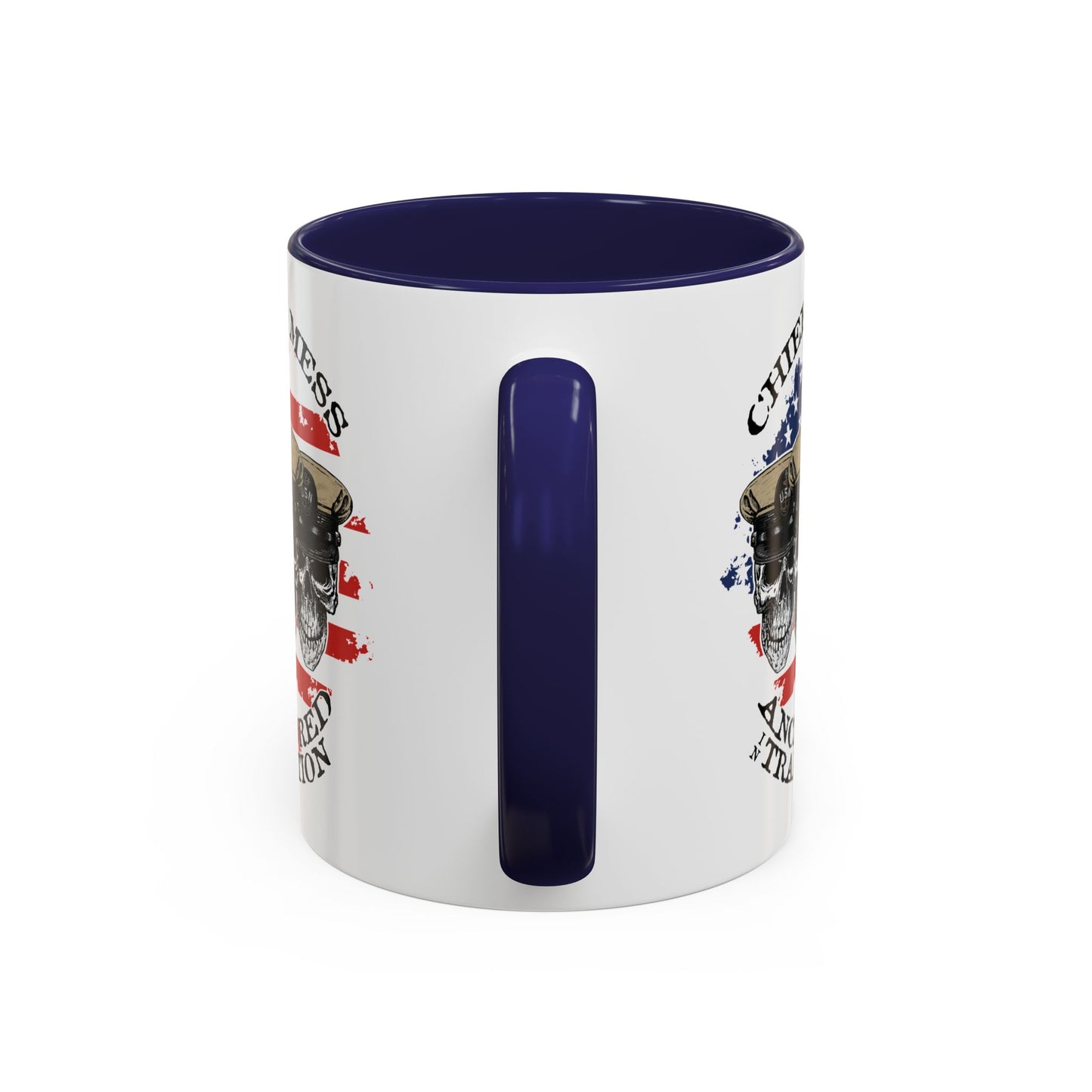 US Navy Chief's Mess Anchored Tradition CPO Sailor Skulls with Distressed USA Flag Accent Coffee Mugs
