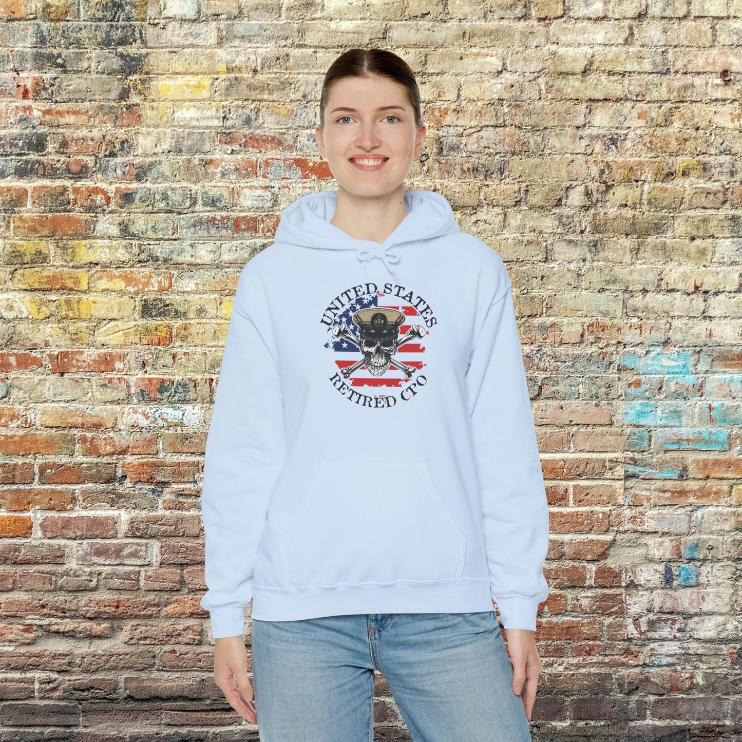 United States Retired CPO Skull Crossbones Chief Petty Officer with Distressed American Flag Unisex Heavy Blend™ Hooded Sweatshirt