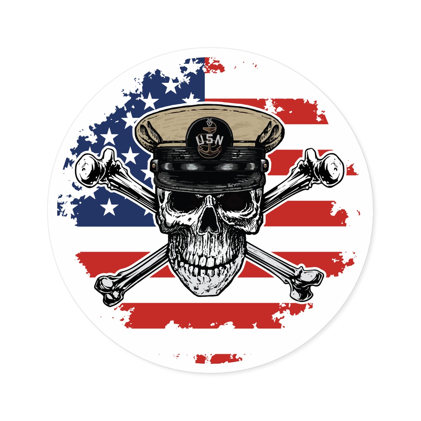 Naval Senior Chief SCPO Skull & Crossbones on American Flag Round Sticker