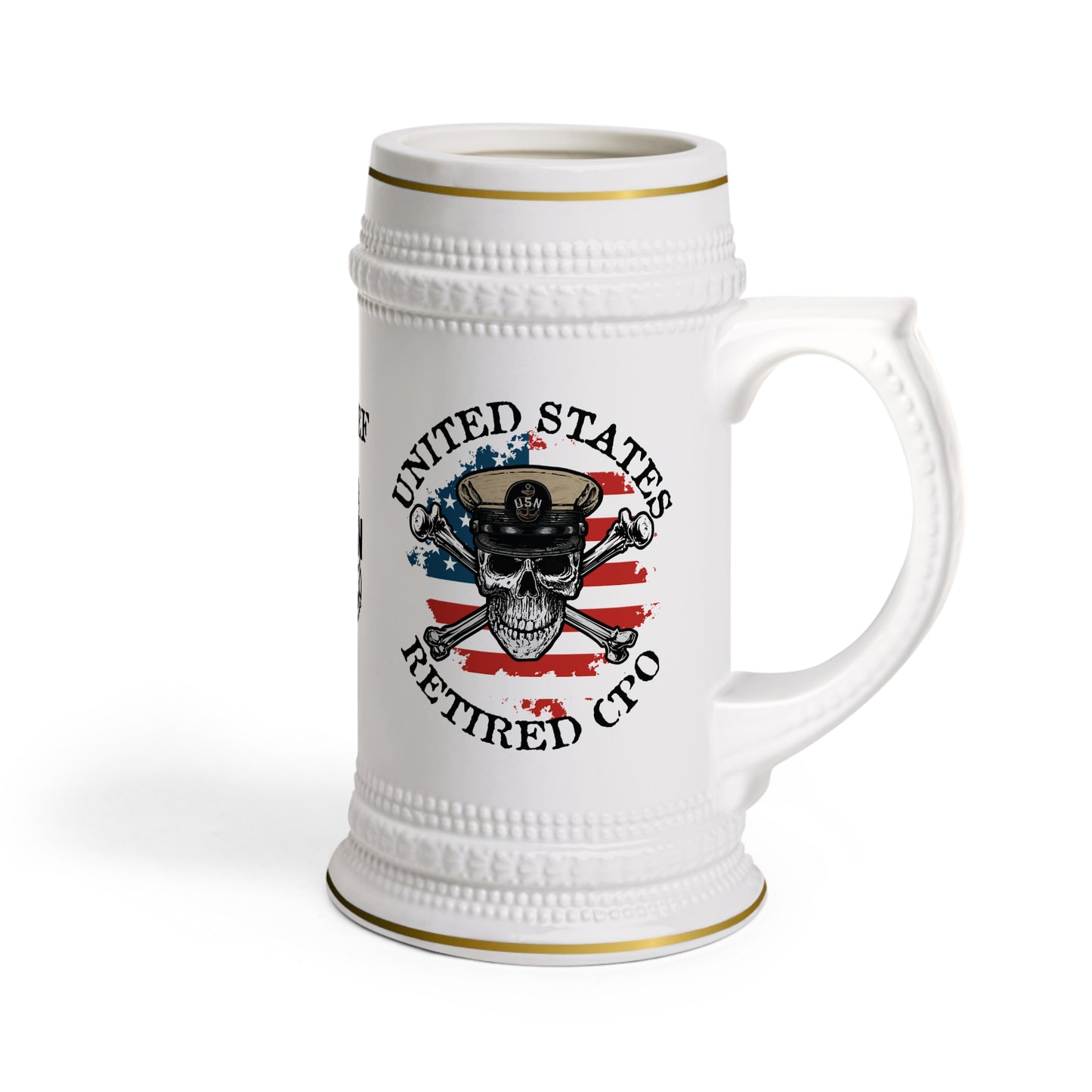 US Retired Chief Petty Officer Skull Crossbones with Distressed American Flag Stein Mug