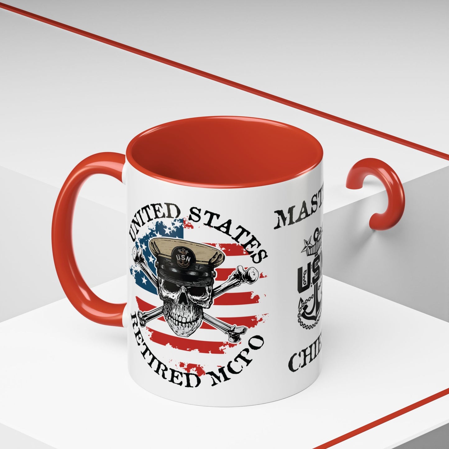 United States Navy Retired MCPO Skull Crossbones Master Chief Petty Officer Anchor with Distressed USA Flag Accent Coffee Mugs