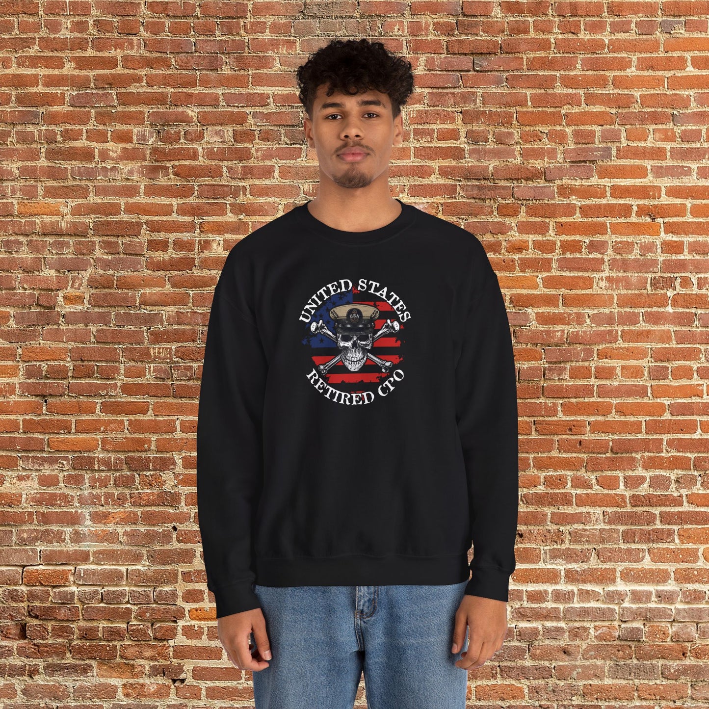 United States Retired CPO Skull Crossbones Chief Sailor on Distressed American Unisex Heavy Blend™ Crewneck Sweatshirt