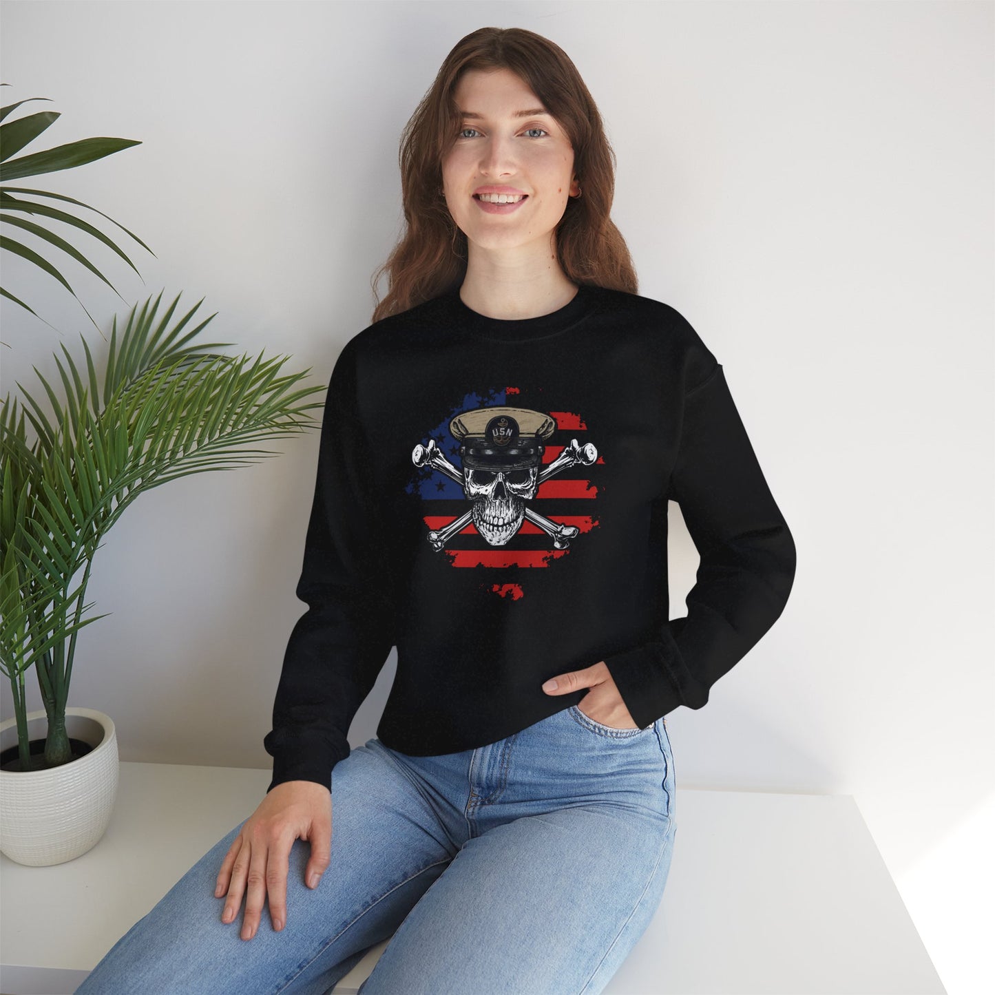 Naval Chief Skull & Crossbones CPO on Distressed American Flag Unisex Heavy Blend™ Crewneck Sweatshirt