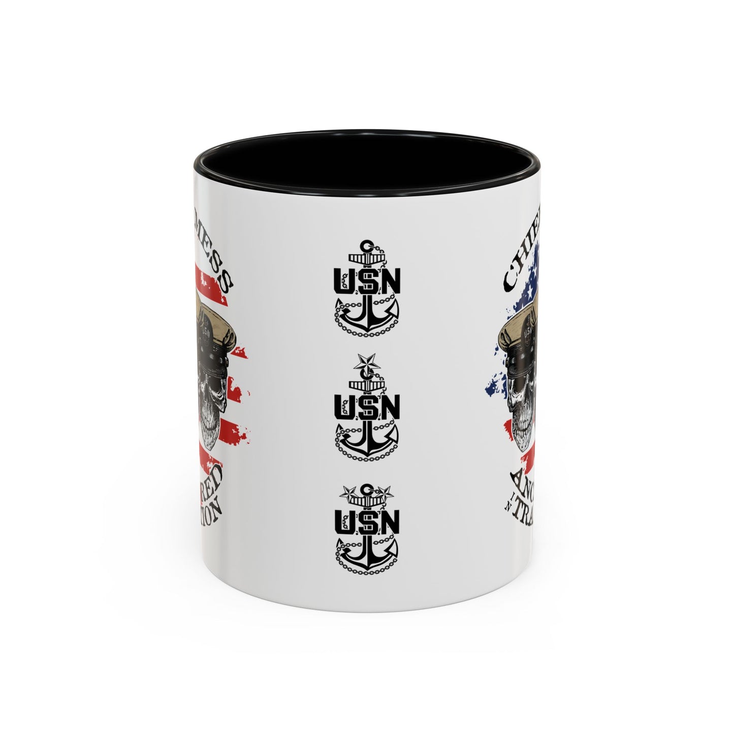 US Navy Chief's Mess Anchored Tradition CPO Sailor Skulls with Distressed USA Flag Accent Coffee Mugs